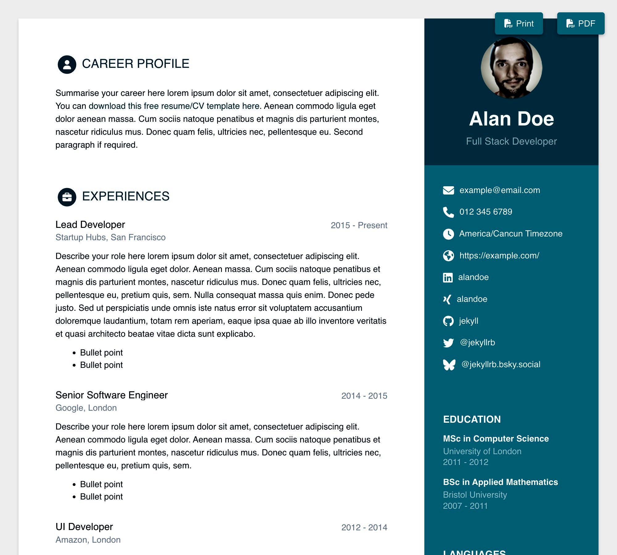 Online CV Jekyll theme